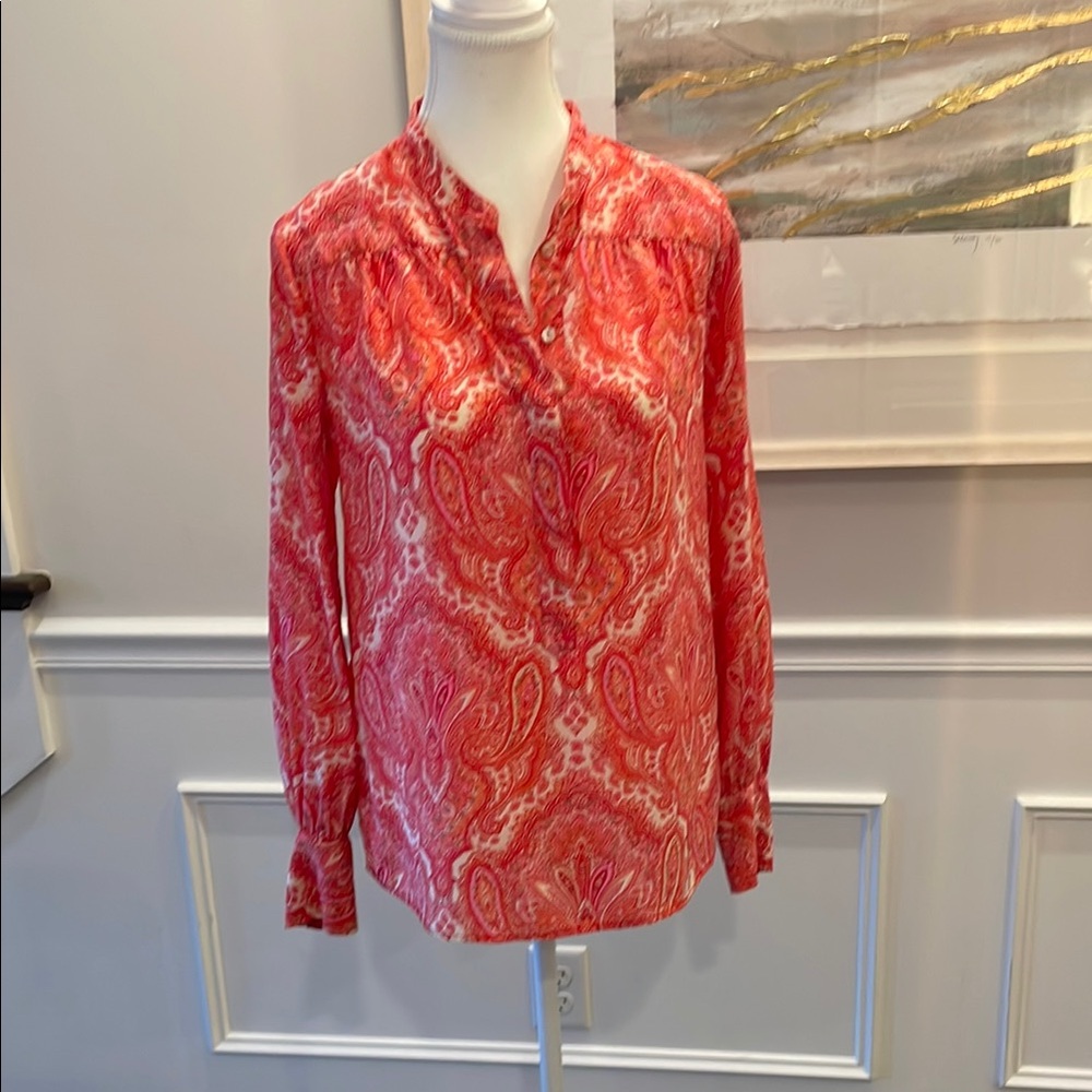 J. Crew Rhea Popover Coral 6 100% Silk Paisley Red Women's Blouse